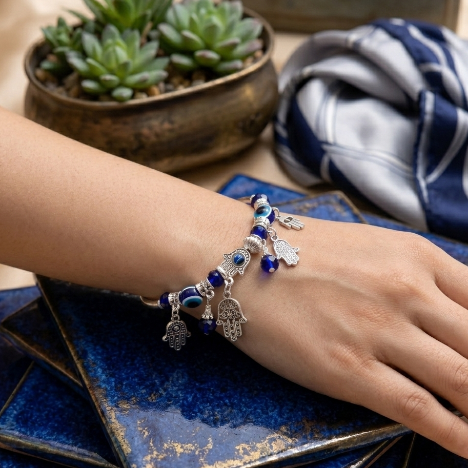 The99Jewel Blue Evil Eye Charm Hamsa Hand Bracelet  For Women & Girls