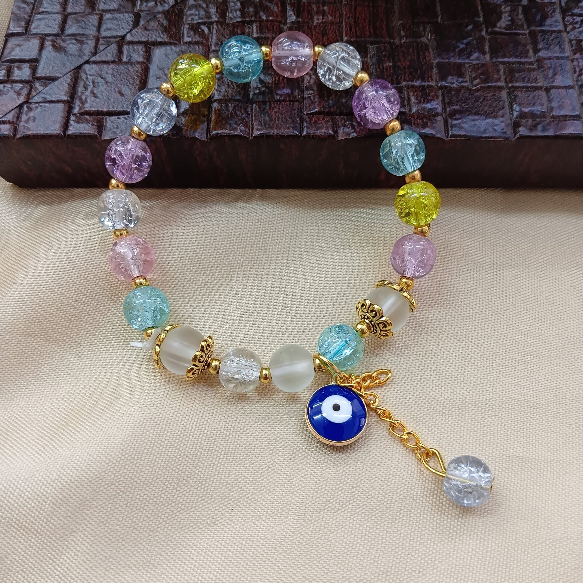The99Jewel Colorful Crackle Glass Beads Evil Eye Bracelet