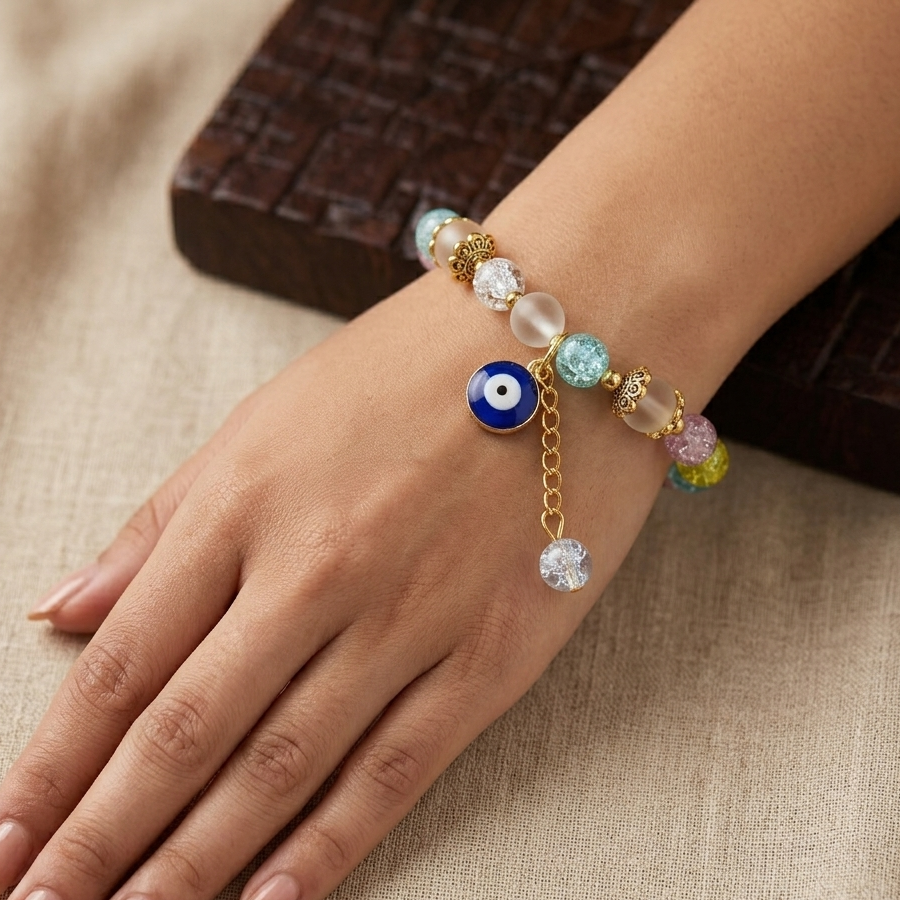 The99Jewel Colorful Crackle Glass Beads Evil Eye Bracelet For Women & Girls