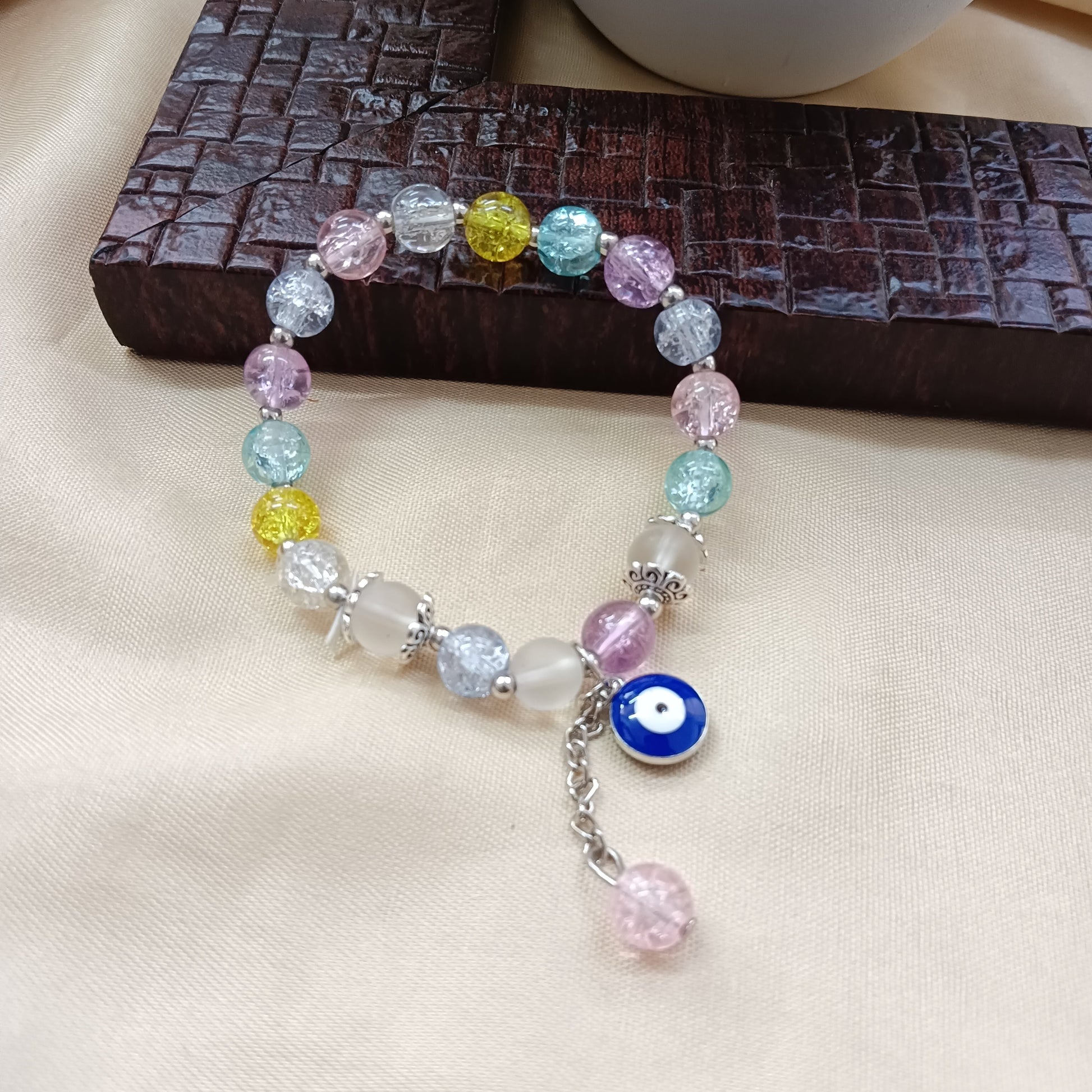 The99Jewel Colorful Crackle Glass Beads Evil Eye Bracelet