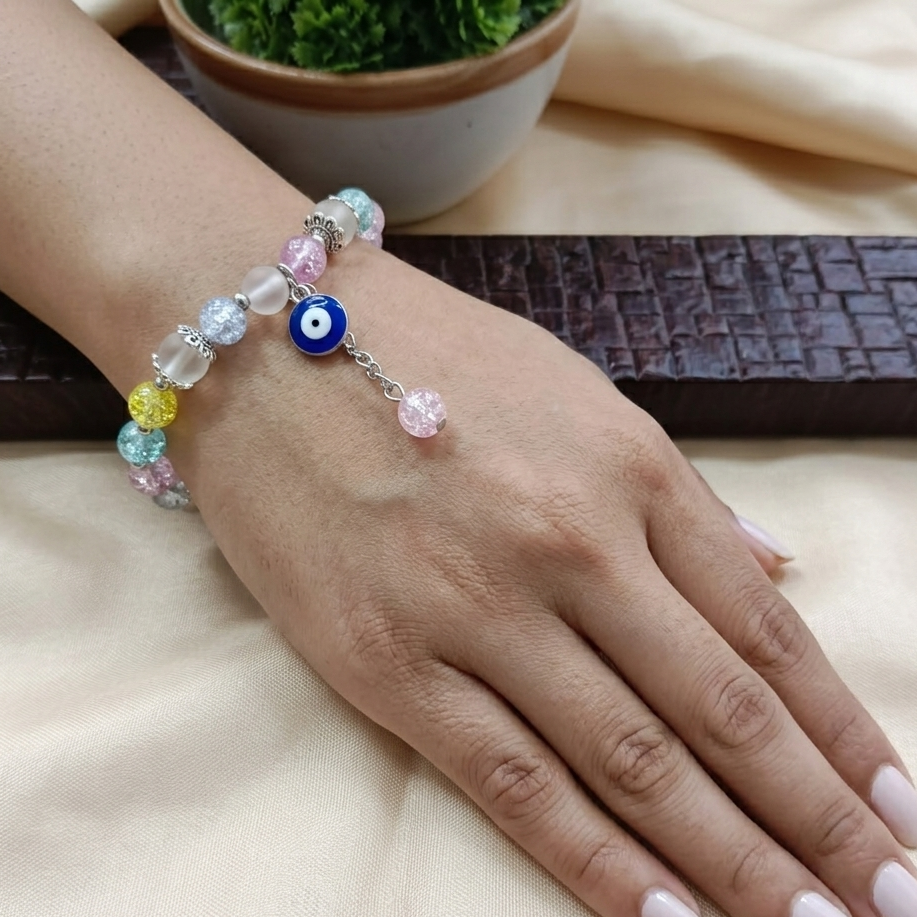 The99Jewel Colorful Crackle Glass Beads Evil Eye Bracelet  For Women & Girls
