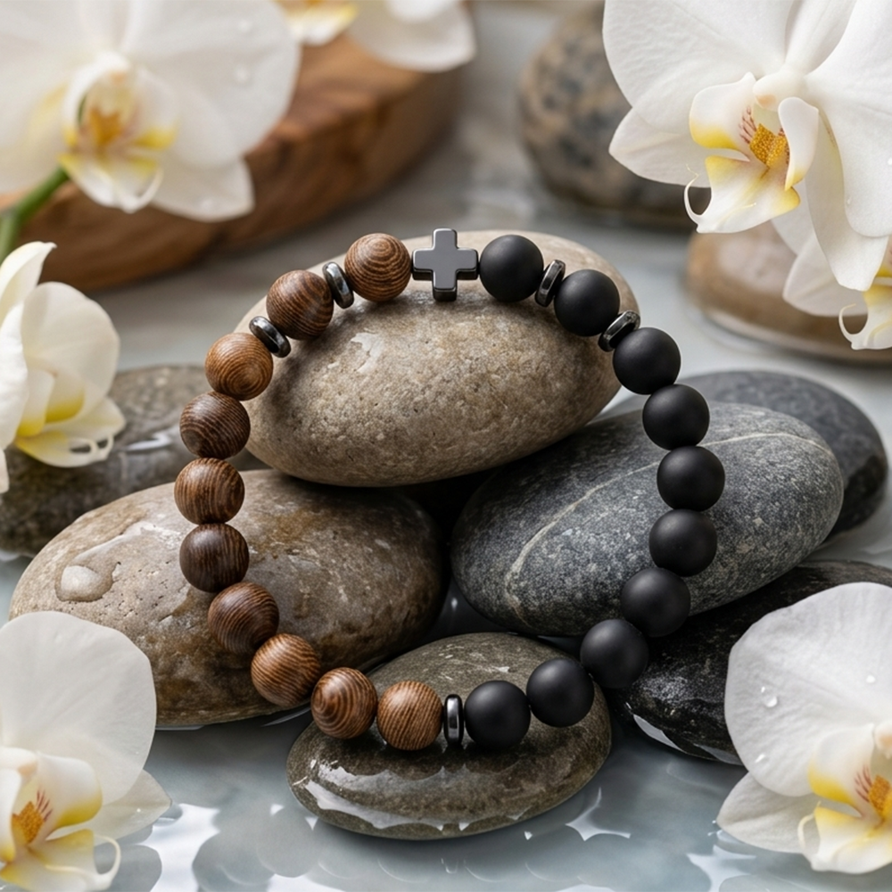 The99Jewel Black Matte & Wooden Bead Bracelet for Men Cross Charm Bracelet