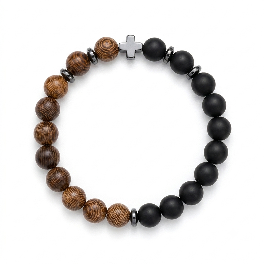 The99Jewel Black Matte & Wooden Bead Bracelet for Men Cross Charm Bracelet