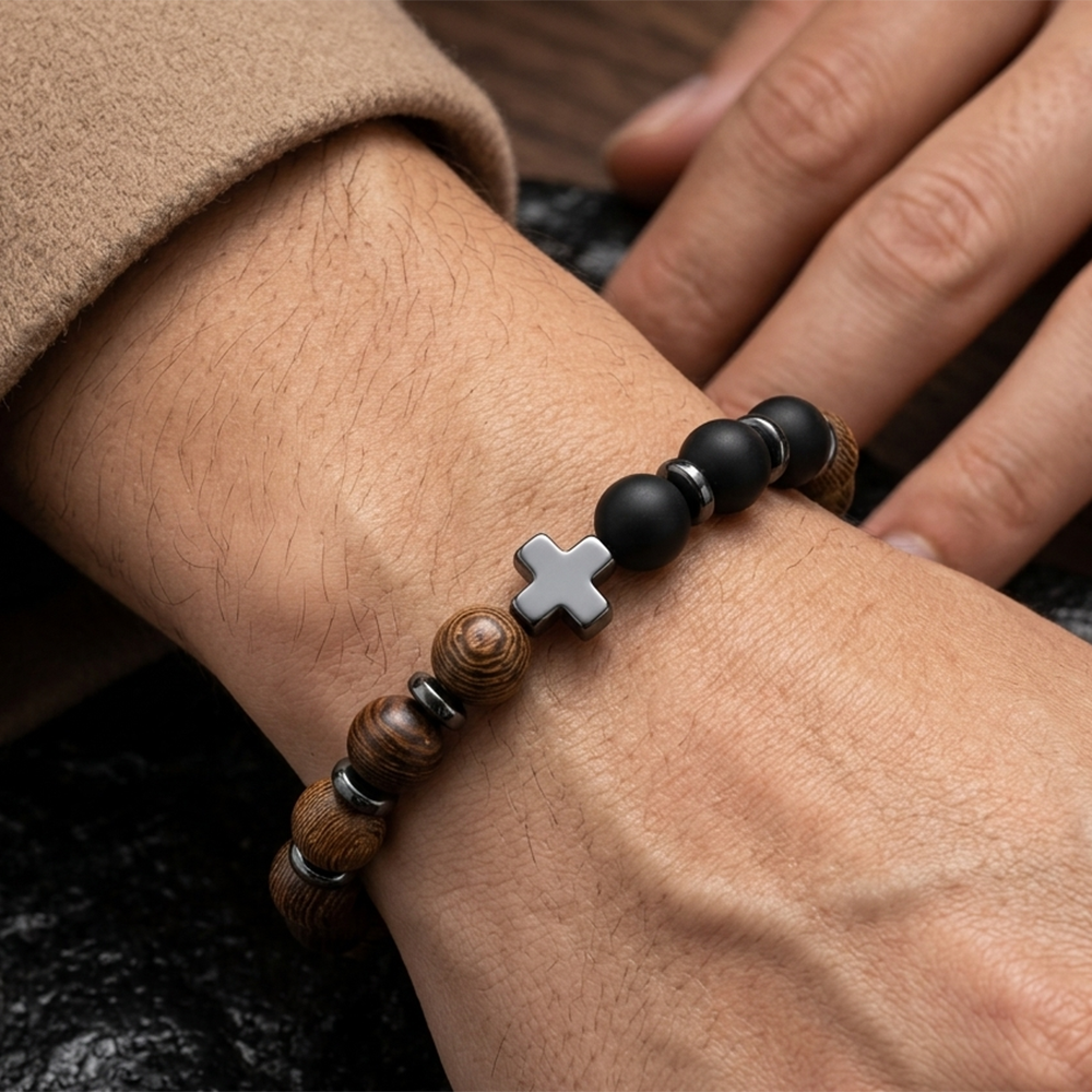 The99Jewel Black Matte & Wooden Bead Bracelet for Men Cross Charm Bracelet