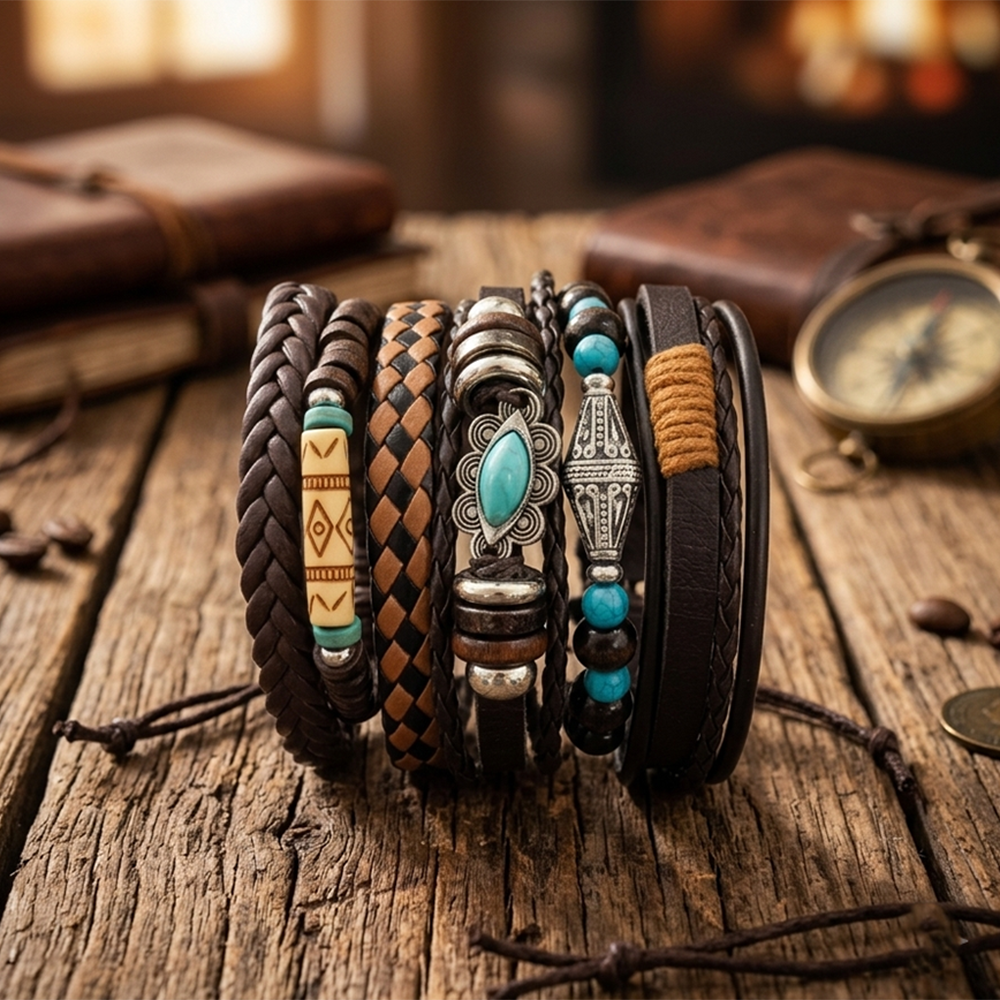The99Jewel Layered Beaded Charm Bracelet with Woven Strap Design