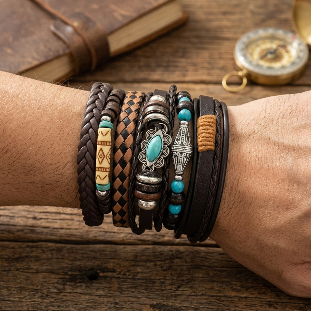 The99Jewel Layered Beaded Charm Bracelet with Woven Strap Design