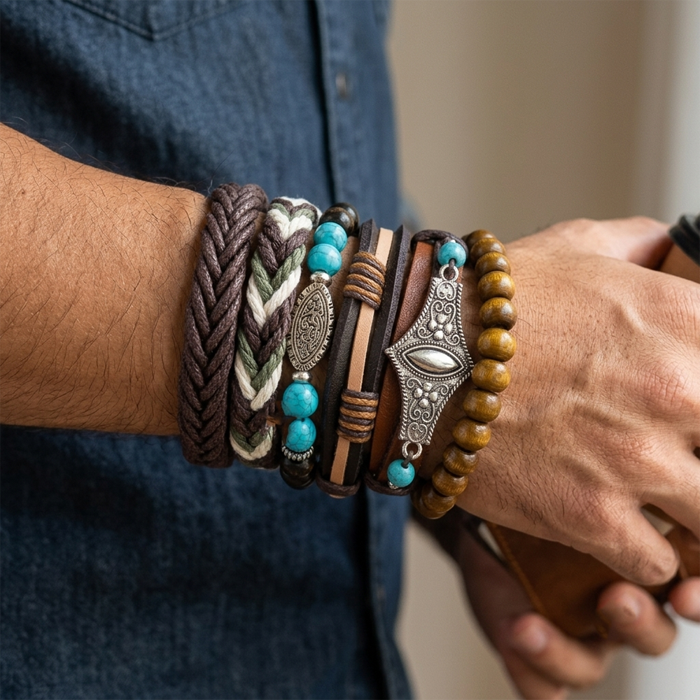 The99Jewel Layered Beaded Charm Bracelet with Woven Strap Design