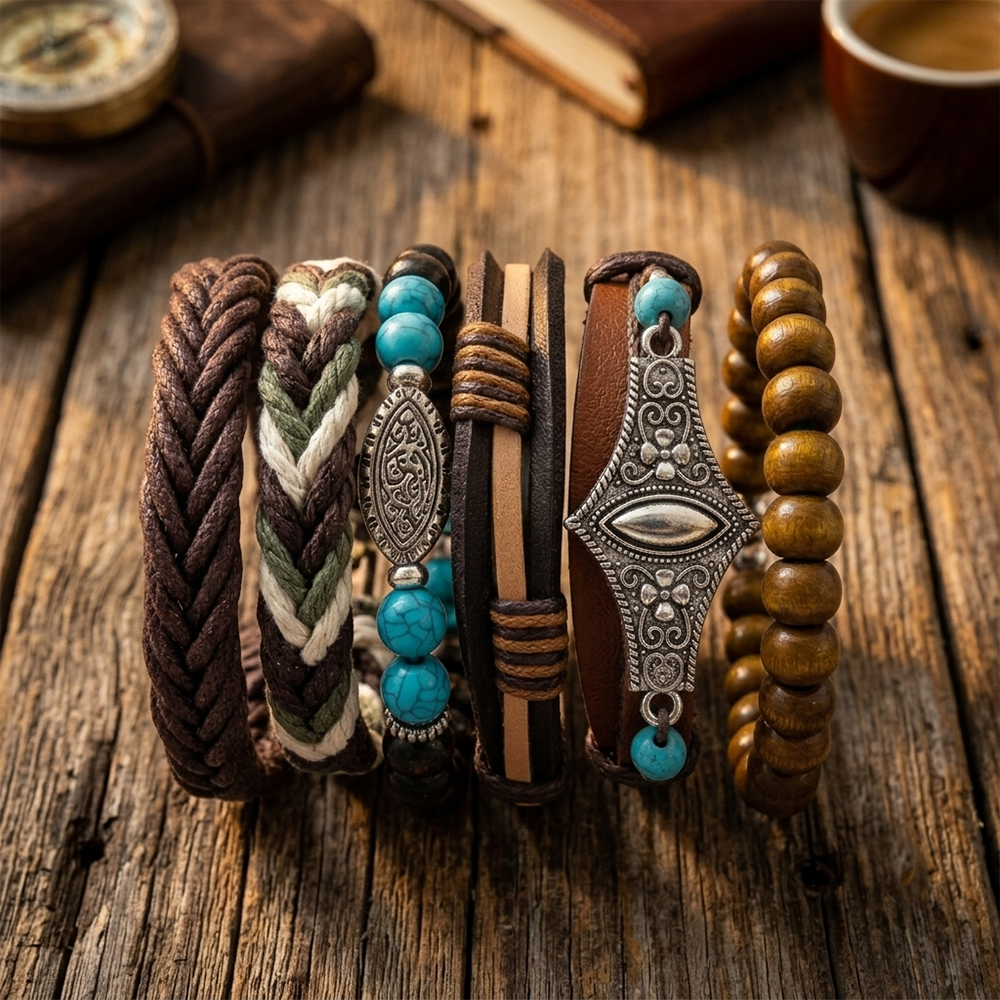 The99Jewel Layered Beaded Charm Bracelet with Woven Strap Design