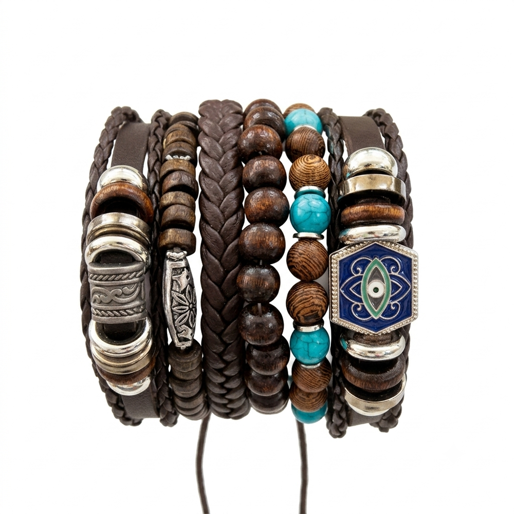 The99Jewel Layered Beaded Charm Bracelet with Woven Strap Design