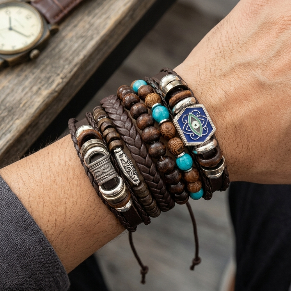 The99Jewel Layered Beaded Charm Bracelet with Woven Strap Design
