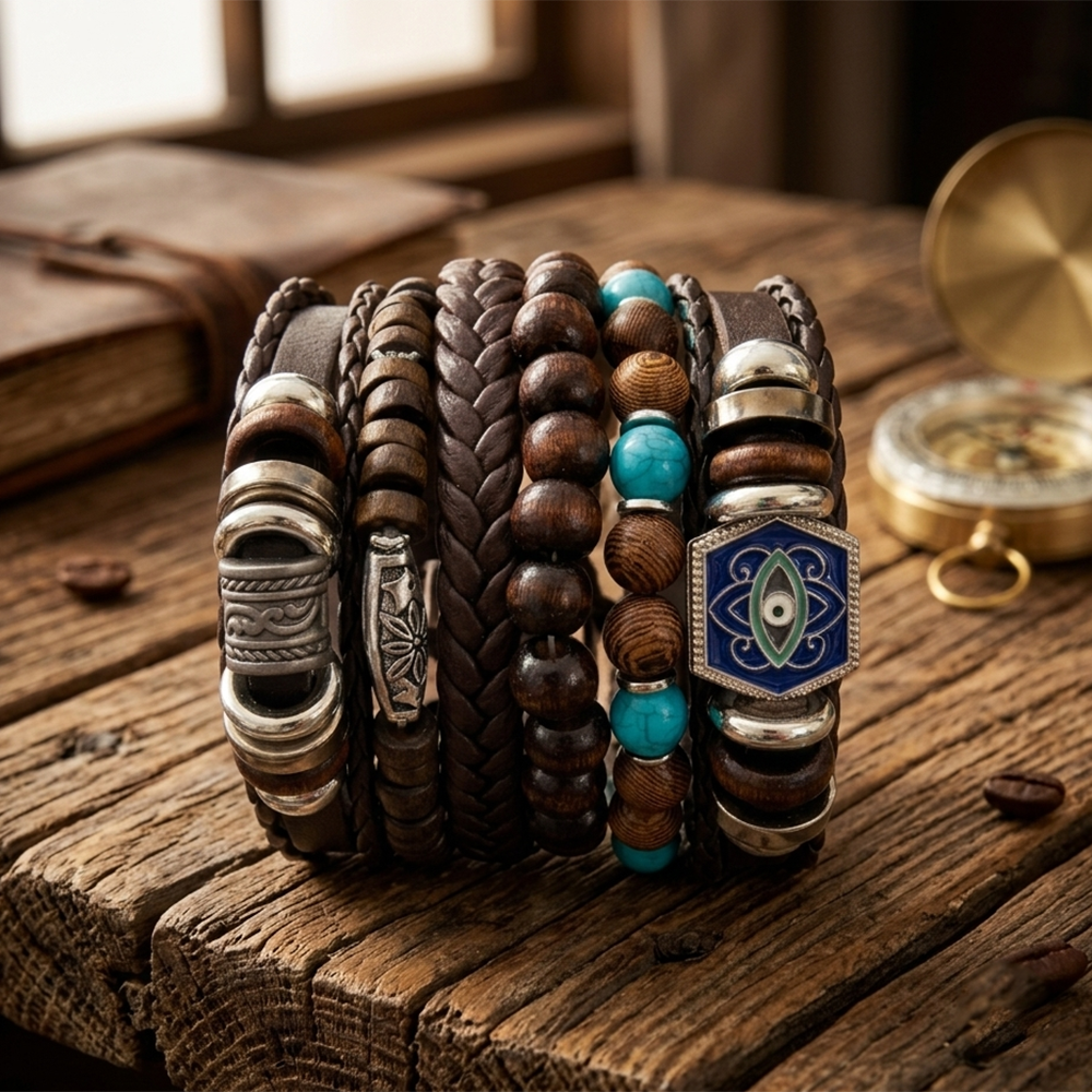 The99Jewel Layered Beaded Charm Bracelet with Woven Strap Design