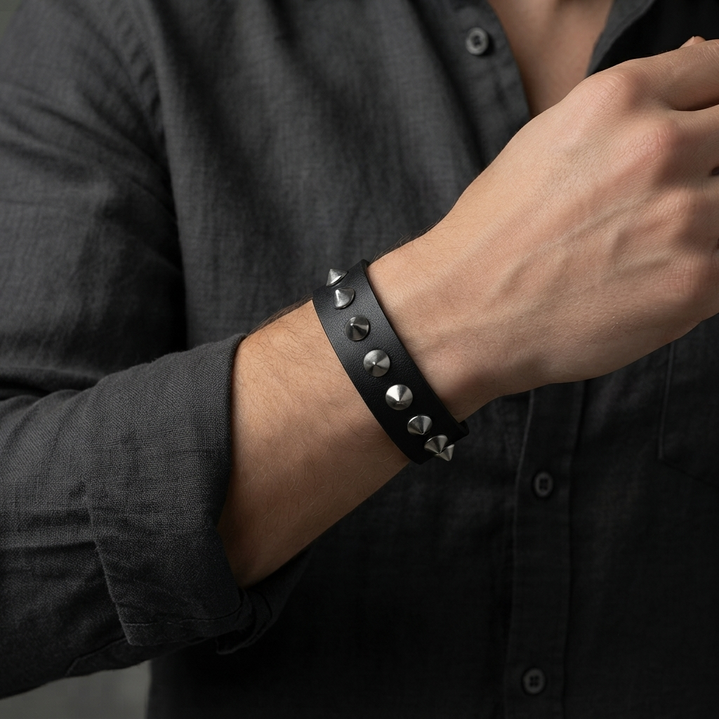 The99Jewel black leather spiked cuff bracelet features for Mens