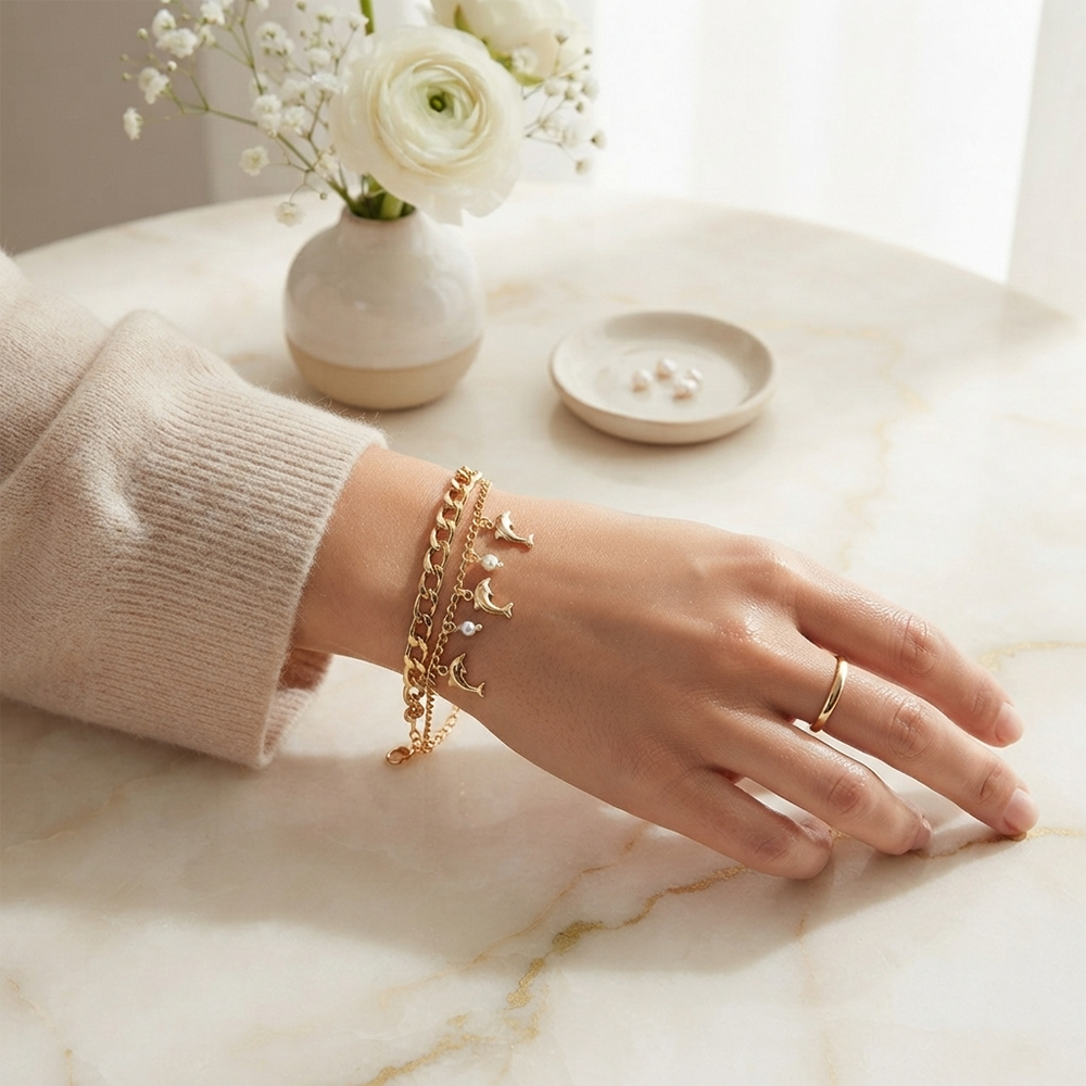 The99Jewel Chic Layered Chain Bracelet With Dolphin Charm Trendy Jewellery for Women