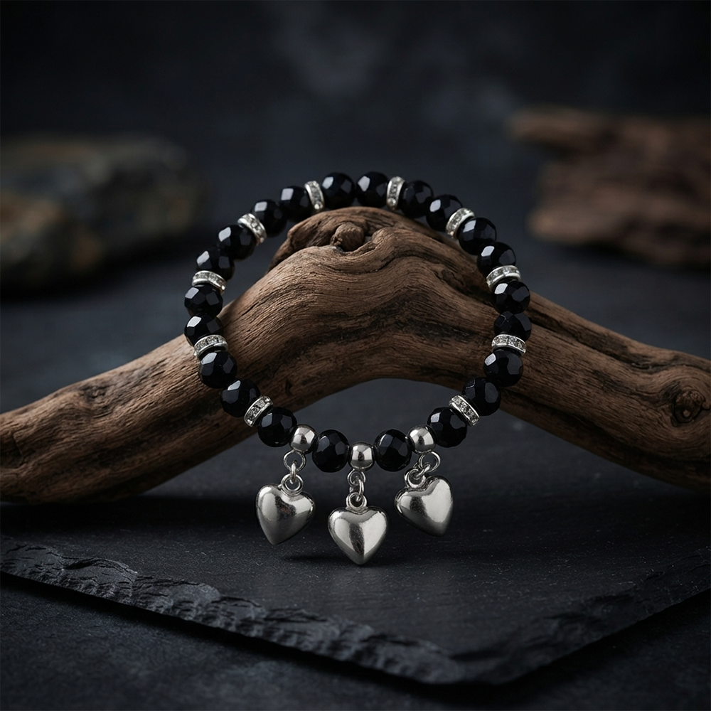 The99Jewel Stylish Black Beaded Heart Charm Bracelet for Women & Girls