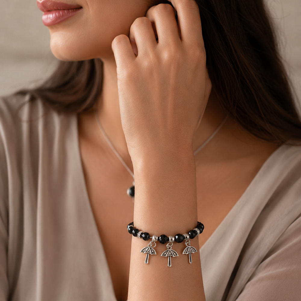 The99Jewel Stylish Black Beaded Umbrella Charm Bracelet for Women & Girls