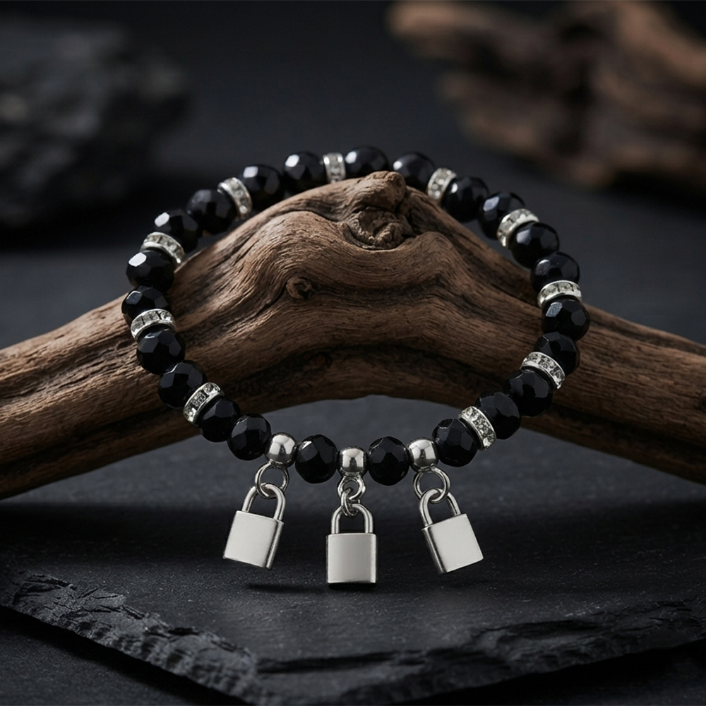 The99Jewel Stylish Black Beaded Lock Charm Bracelet for Women & Girls