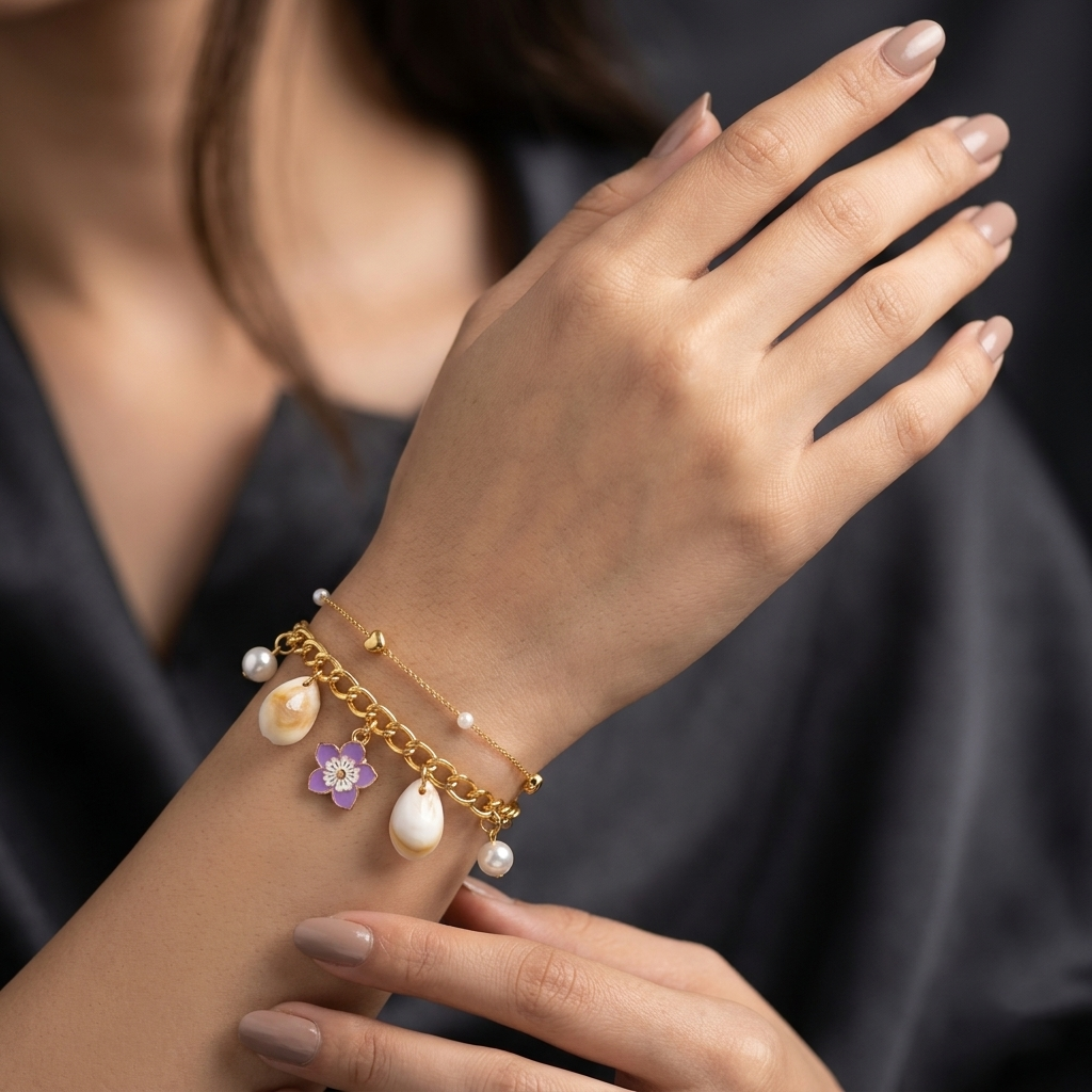 The99Jewel Gold Plated Purple Floral And Shell Stylish Bracelets