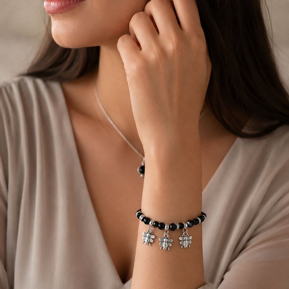 The99Jewel Stylish Black Beaded Bee Charm Bracelet for Women & Girls
