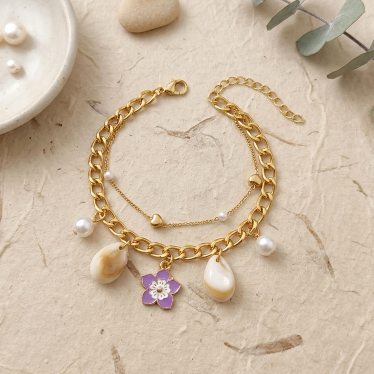 The99Jewel Gold Plated Purple Floral And Shell Stylish Bracelets
