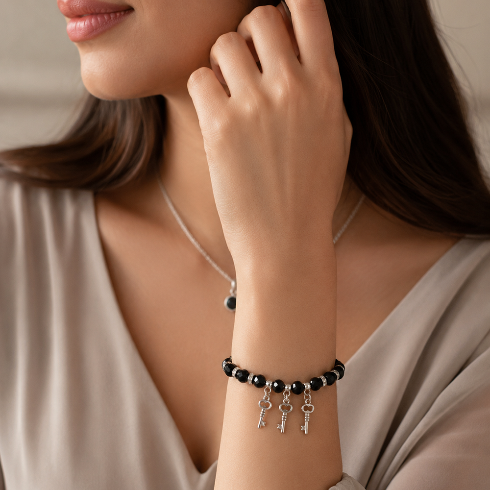 The99Jewel Stylish Black Beaded Key Charm Bracelet for Women & Girls