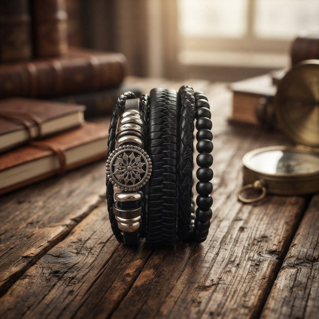 The99Jewel Layered Beaded Bracelet with Woven Strap Design for Men's