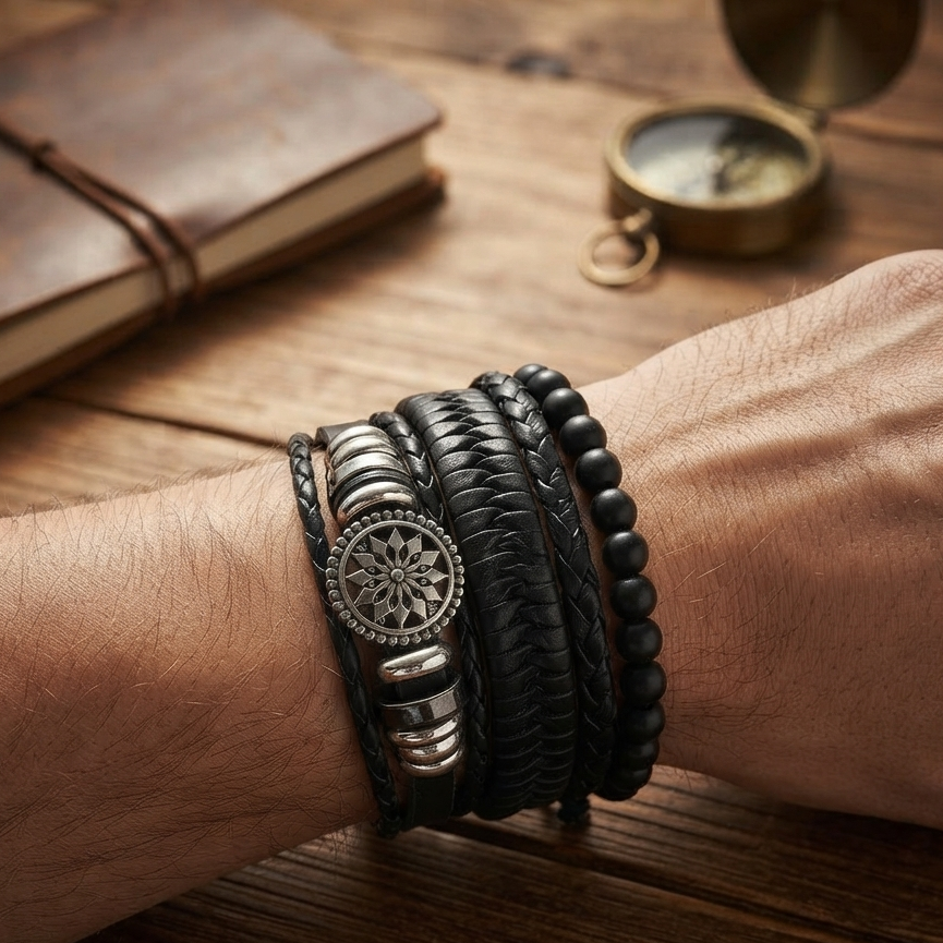 The99Jewel Layered Beaded Bracelet with Woven Strap Design for Men's