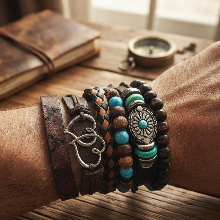 The99Jewel Layered Beaded Bracelet with Woven Strap Design for Men's