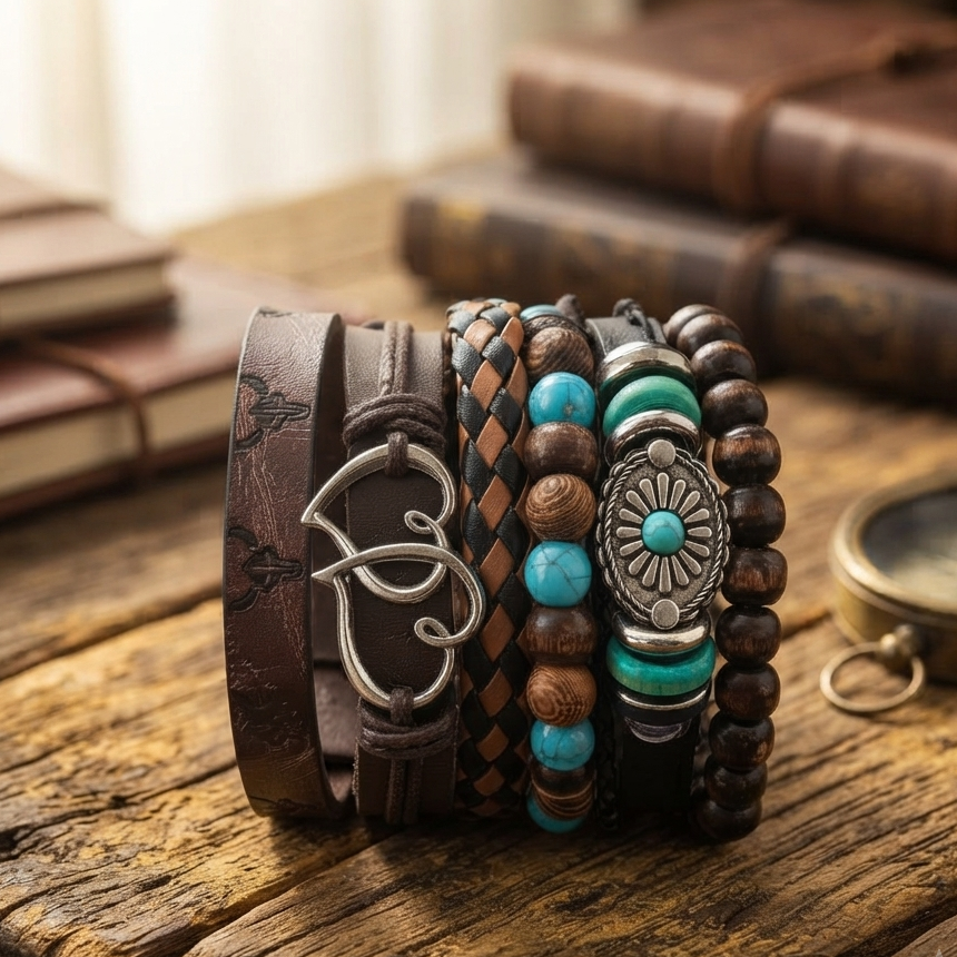 The99Jewel Layered Beaded Bracelet with Woven Strap Design for Men's