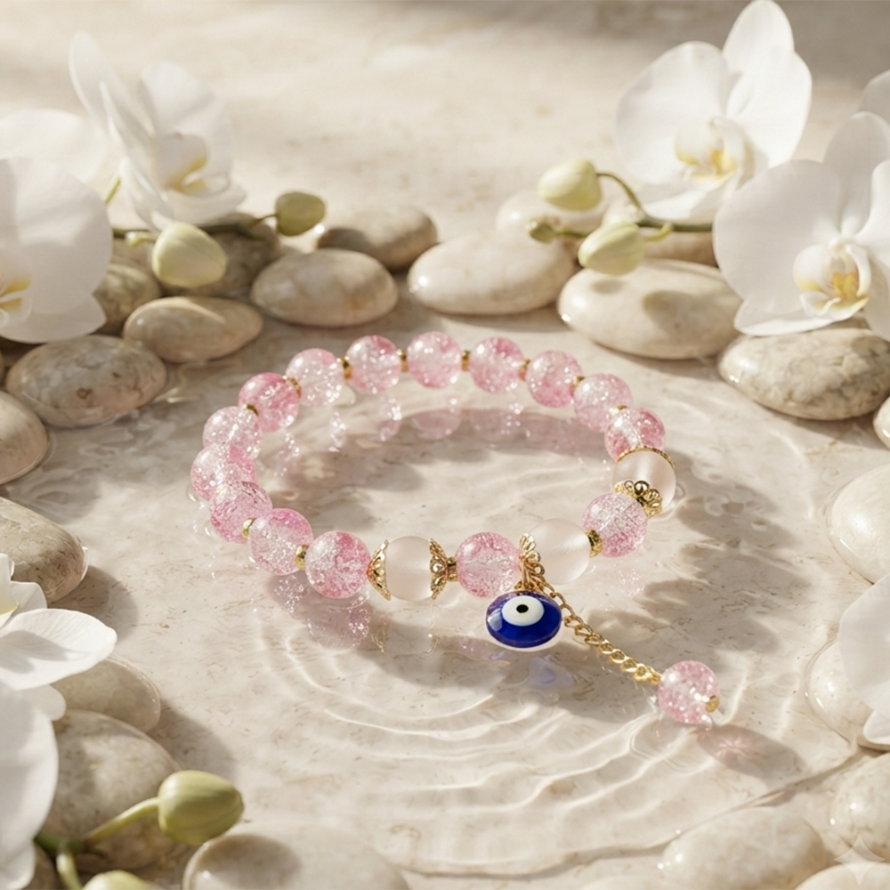 The99Jewel Crackle Beads Bracelet with Evil Eye Charm and Gold Toned Metal accents for women
