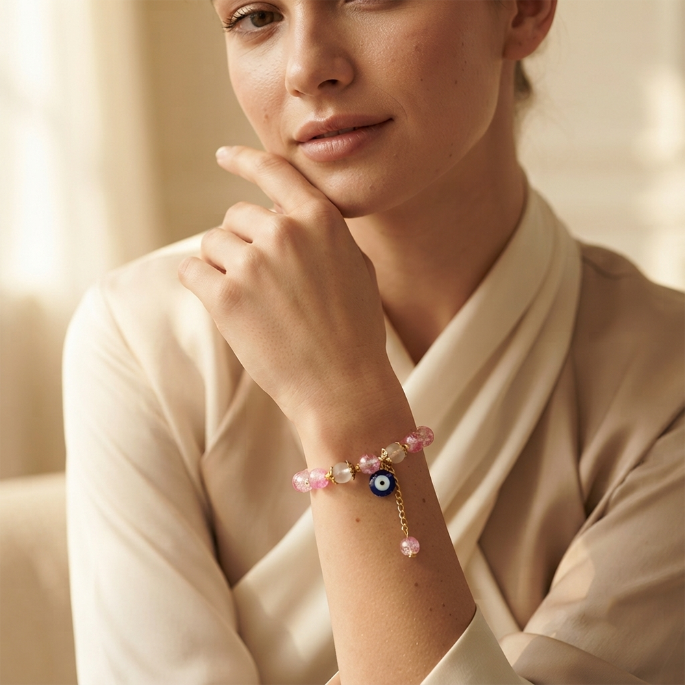 The99Jewel Crackle Beads Bracelet with Evil Eye Charm and Gold Toned Metal accents for women