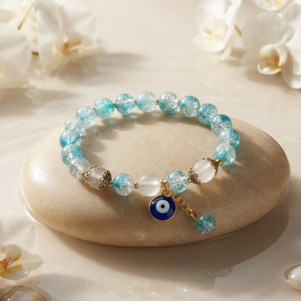 The99Jewel Crackle Beads Bracelet with Evil Eye Charm and Gold Toned Metal accents for women