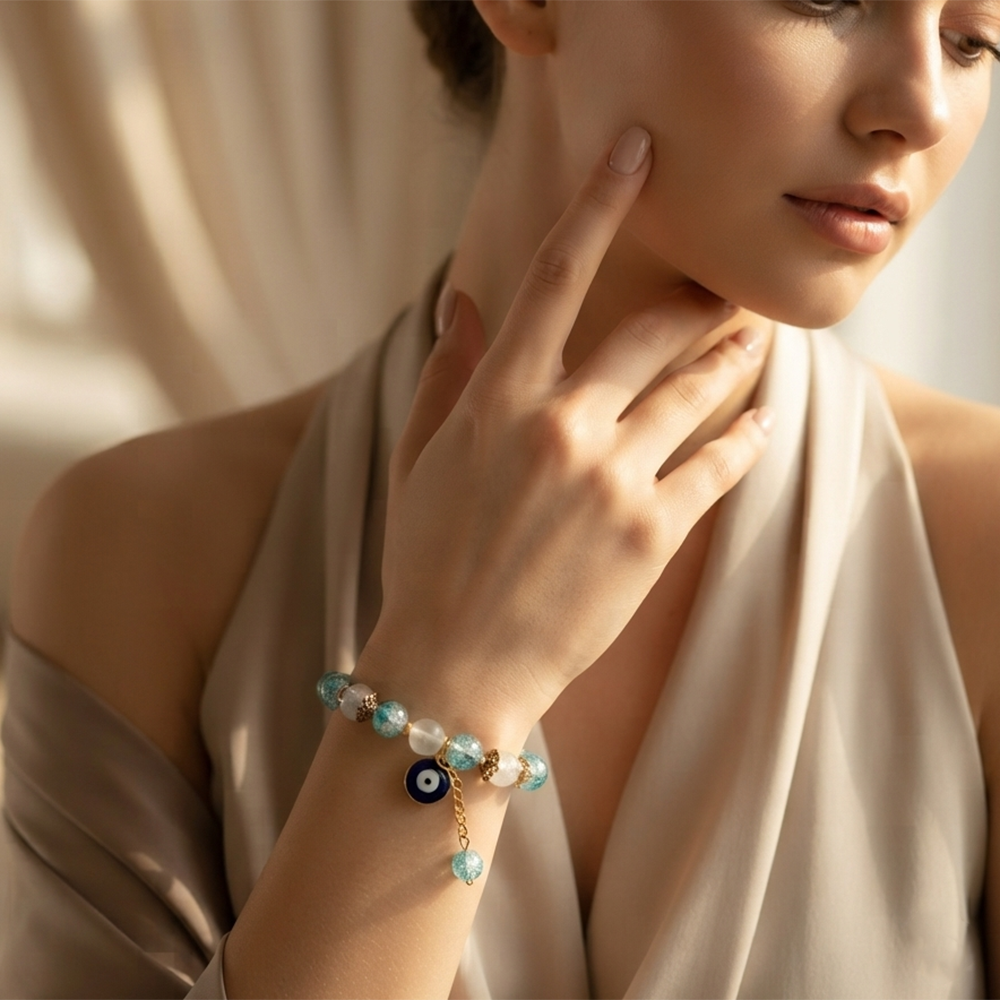 The99Jewel Crackle Beads Bracelet with Evil Eye Charm and Gold Toned Metal accents for women