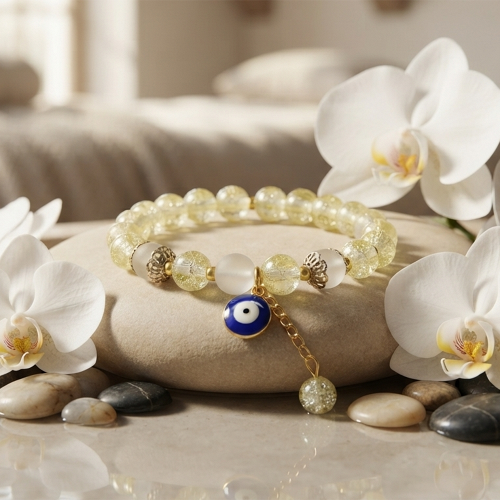 The99Jewel Crackle Beads Bracelet with Evil Eye Charm and Gold Toned Metal accents for women
