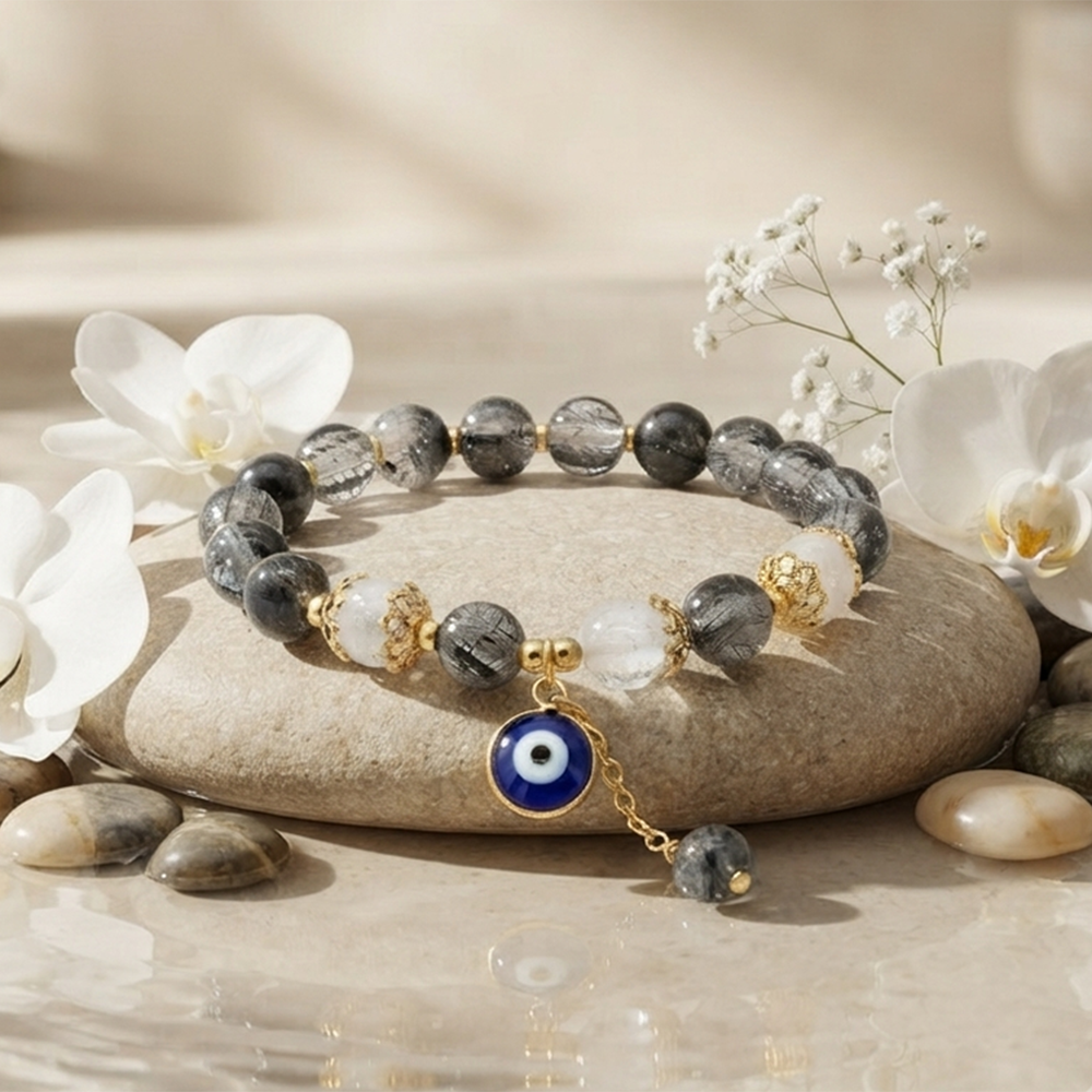 The99Jewel Crackle Beads Bracelet with Evil Eye Charm and Gold Toned Metal accents for women