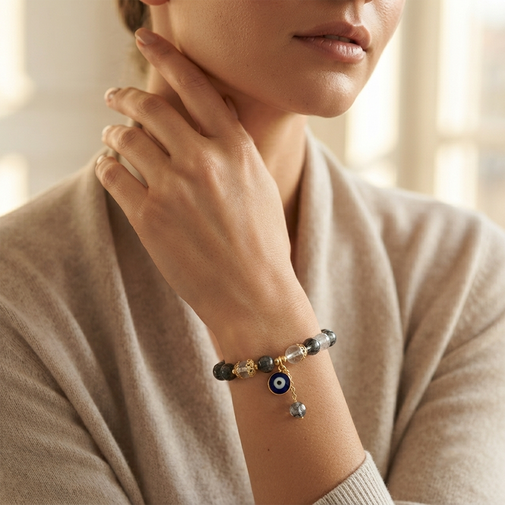 The99Jewel Crackle Beads Bracelet with Evil Eye Charm and Gold Toned Metal accents for women