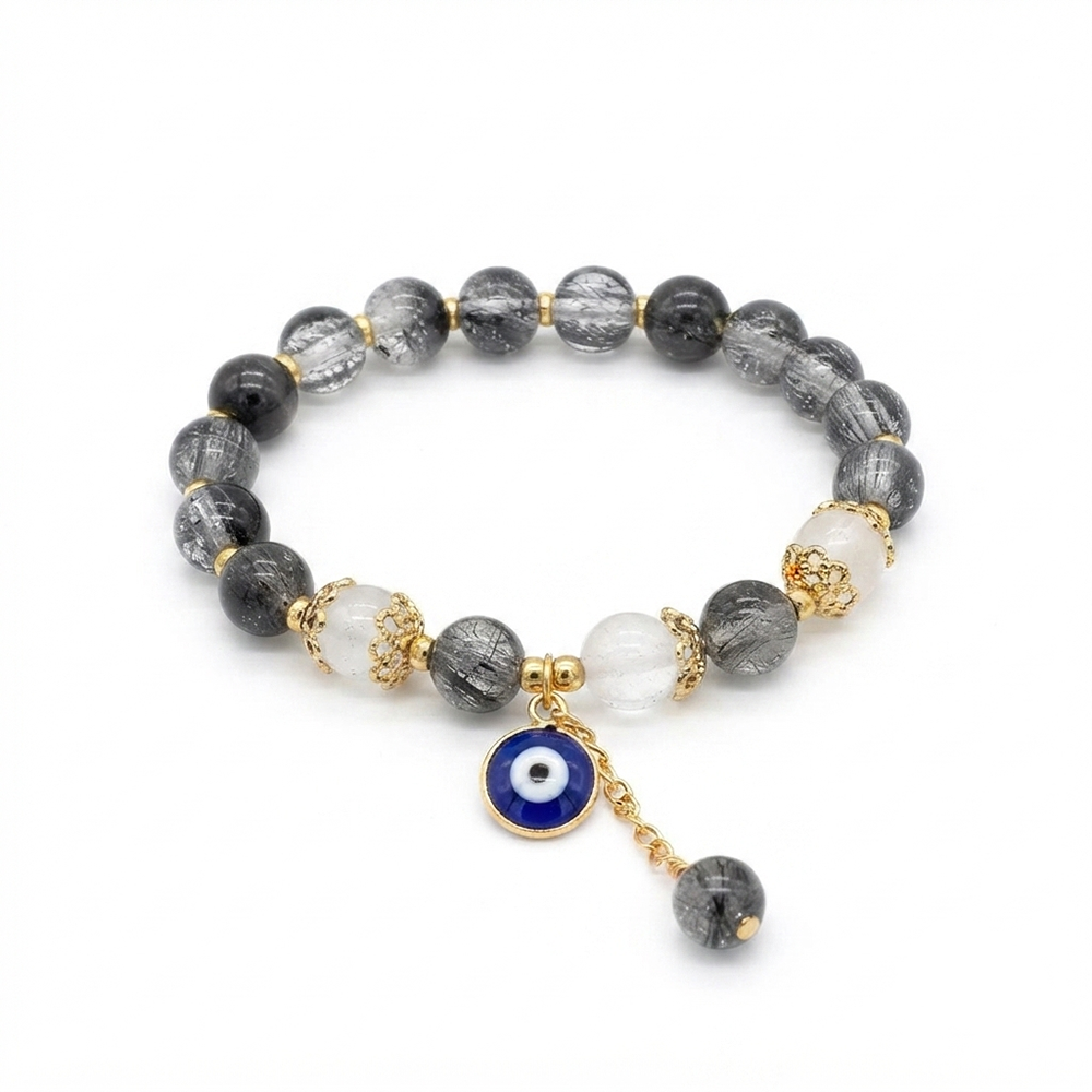 The99Jewel Crackle Beads Bracelet with Evil Eye Charm and Gold Toned Metal accents for women
