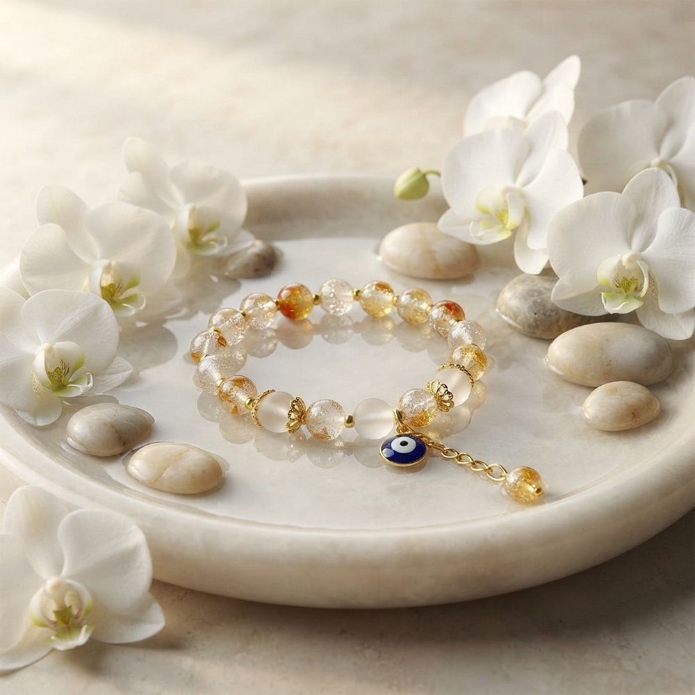 The99Jewel Crackle Beads Bracelet with Evil Eye Charm and Gold Toned Metal accents for women