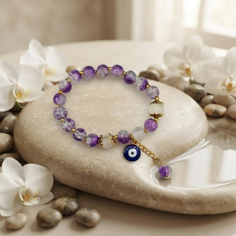 The99Jewel Crackle Beads Bracelet with Evil Eye Charm and Gold Toned Metal accents for women