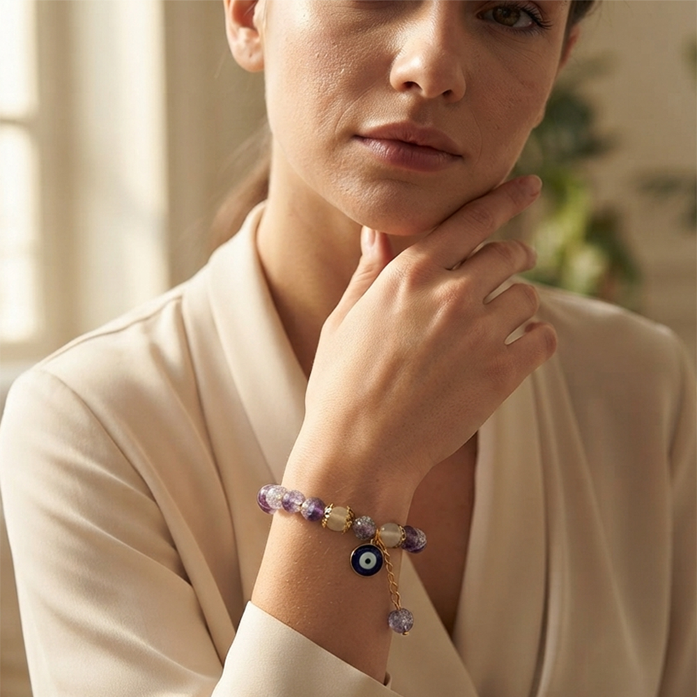 The99Jewel Crackle Beads Bracelet with Evil Eye Charm and Gold Toned Metal accents for women