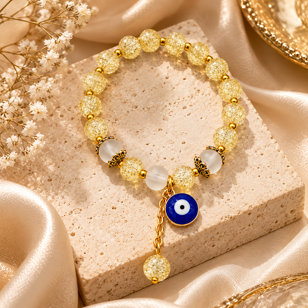 The99Jewel Crackle Beads Bracelet with Evil Eye Charm and Gold Toned Metal accents for women