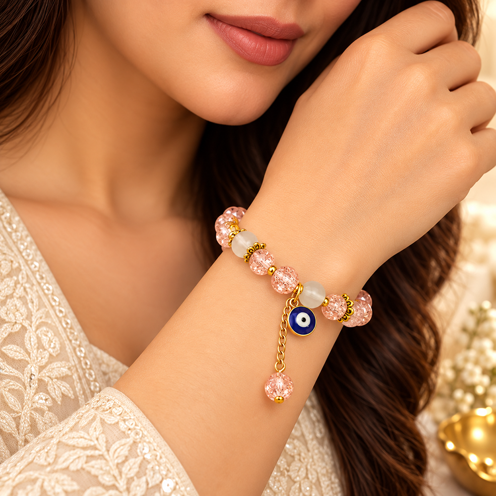 The99Jewel Crackle Beads Bracelet with Evil Eye Charm and Gold Toned Metal accents for women