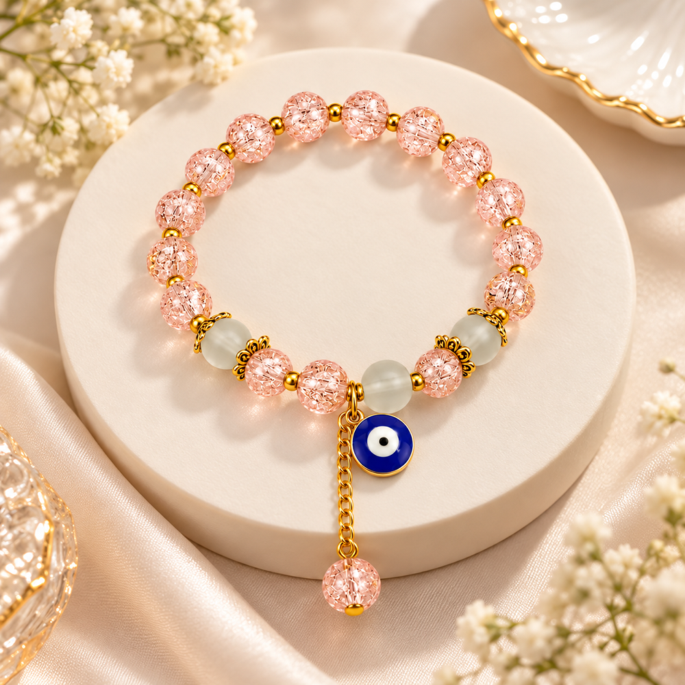 The99Jewel Crackle Beads Bracelet with Evil Eye Charm and Gold Toned Metal accents for women