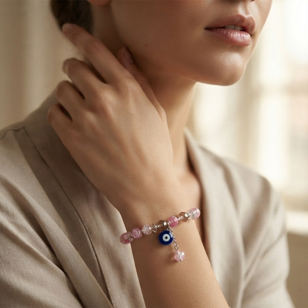 The99Jewel Crystal Gemstone Beaded Bracelet with Evil Eye Charm for women