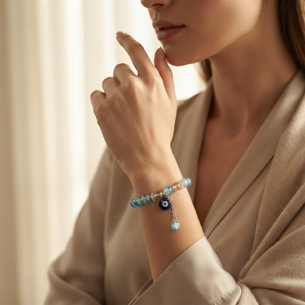 The99Jewel Crystal Gemstone Beaded Bracelet with Evil Eye Charm for women