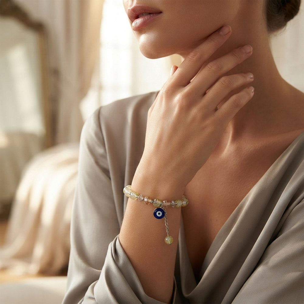 The99Jewel Crystal Gemstone Beaded Bracelet with Evil Eye Charm for women