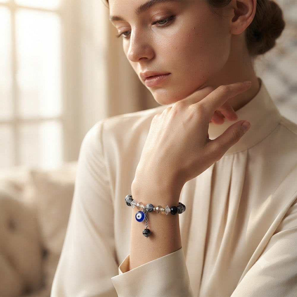 The99Jewel Crystal Gemstone Beaded Bracelet with Evil Eye Charm for women