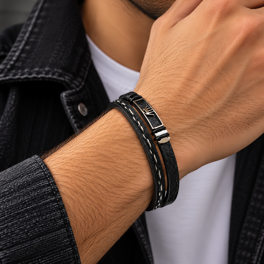 The99Jewel Men's Trendy Wraparound Bracelet with Steel Detailing and Crown Symbol| Stylish Wristwear for Every Occasion