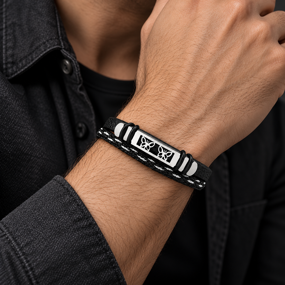 The99Jewel Men's Trendy Wraparound Bracelet with Steel Detailing and Butterfly Symbol| Stylish Wristwear for Every Occasion