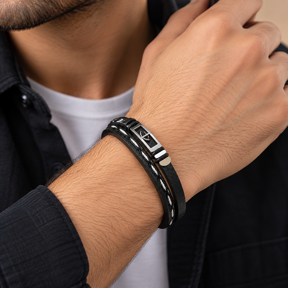 The99Jewel Men's Trendy Wraparound Bracelet with Steel Detailing and Anchor Symbol| Stylish Wristwear for Every Occasion