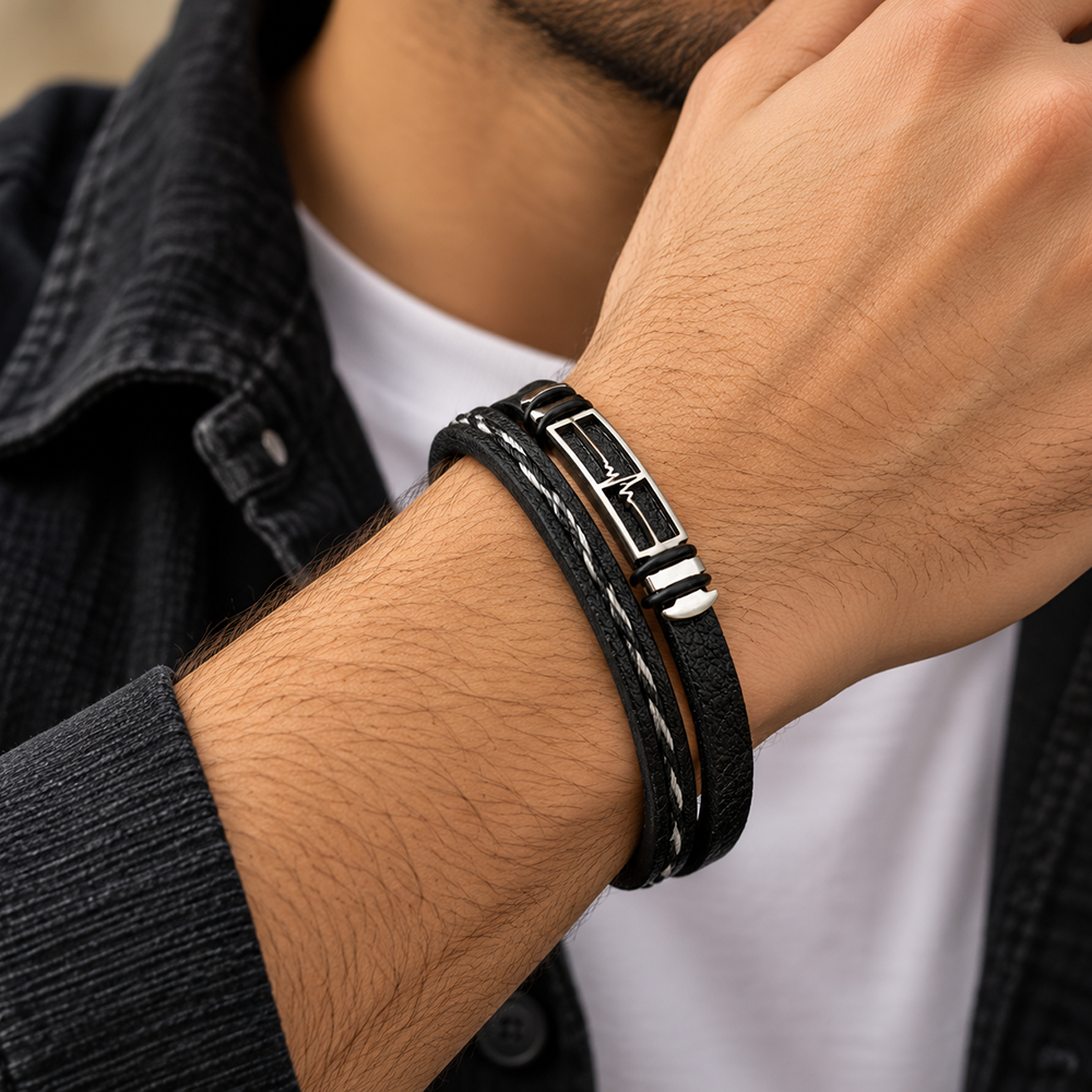 The99Jewel Men's Trendy Wraparound Bracelet with Steel Detailing and Heart Beat Symbol| Stylish Wristwear for Every Occasion